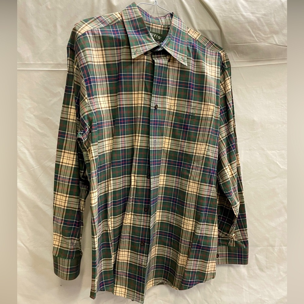 Orvis Button Up Shirt XL Green Tan and Red Long Sleeve Shirt